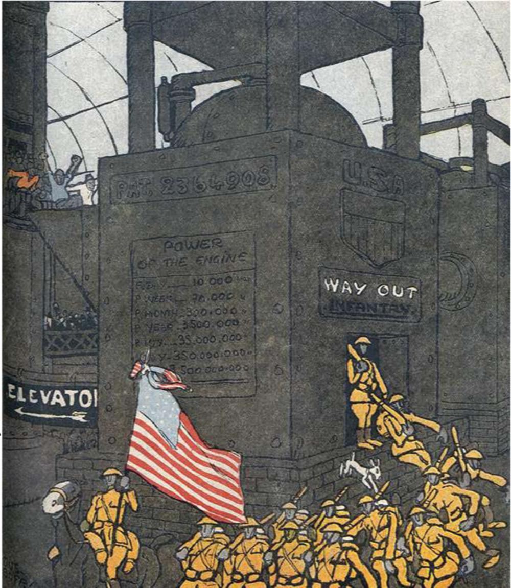 Voorstelling van de indrukwekkende Amerikaanse oorlogsmachine in de Franse pers. De Amerikanen beschikken in het najaar van 1918 over drie maal meer infanteristen dan de Duitsers aan het westfront.