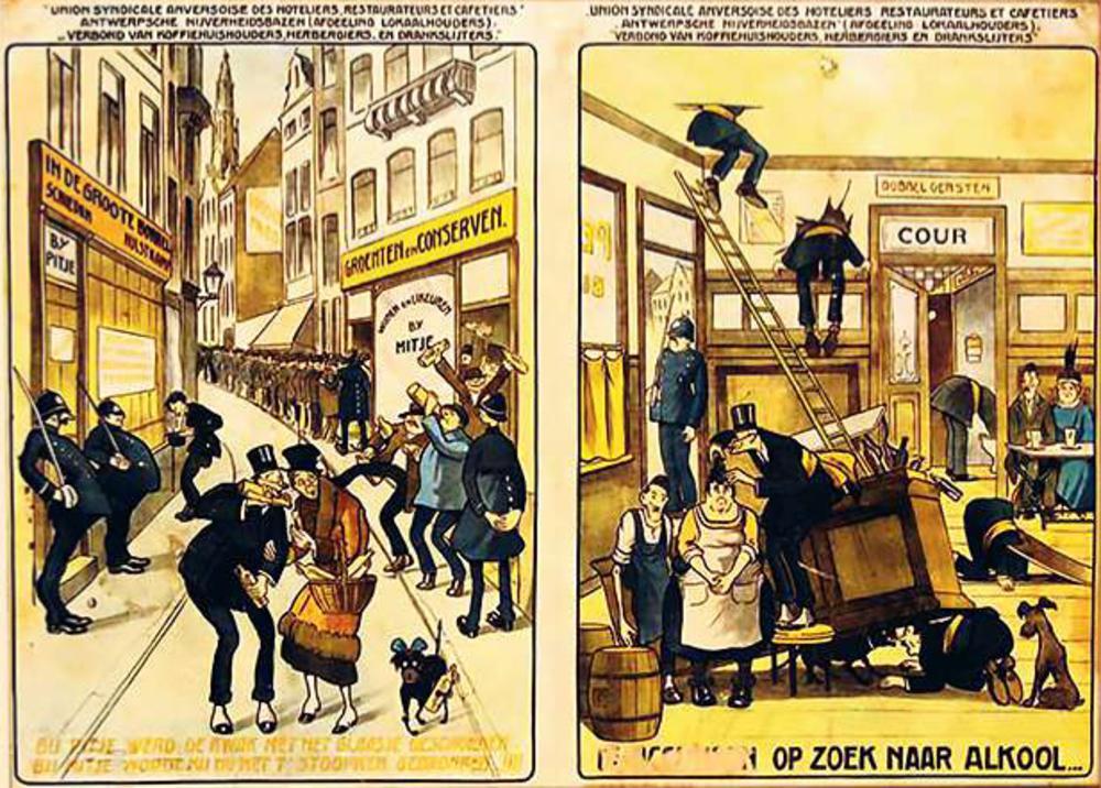 Karikatuur over de 'drooglegging' als gevolg van de alcoholwet-Vandervelde van augustus 1919. Situatie voor (links) en na de invoering van de wet (rechts). De socialist Vandervelde voert jarenlang strijd tegen Koning Alcohol.