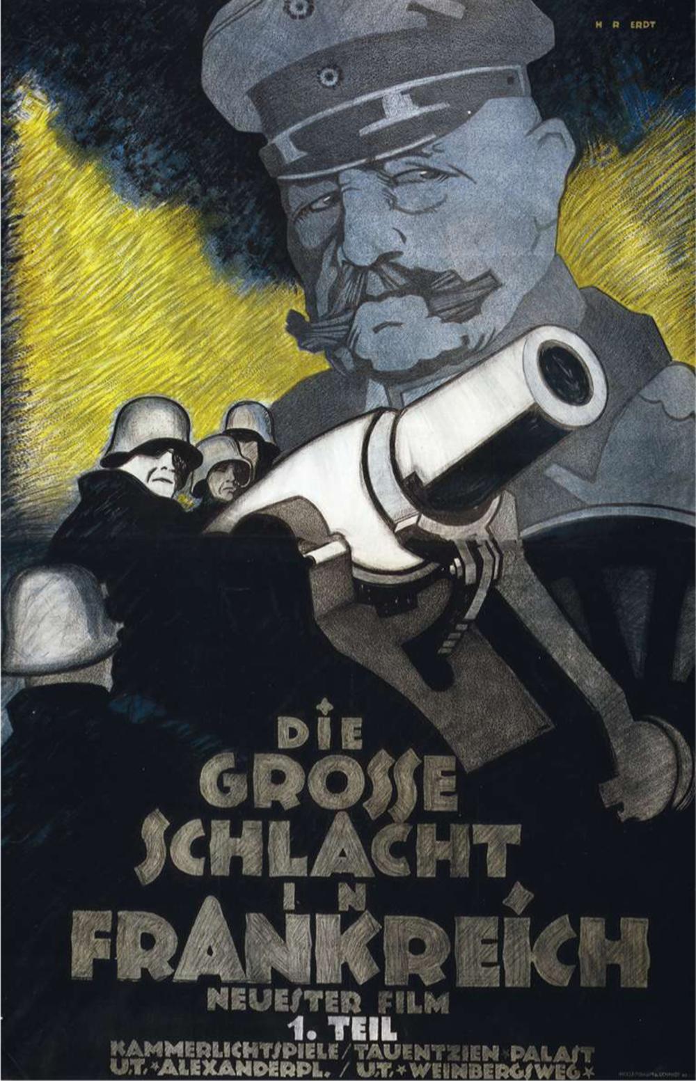 Het Duitse voorjaarsoffensief begint op 21 maart 1918 en heeft tot doel de totale Duitse overwinning uit de brand te slepen. De figuur op de achtergrond is veldmaarschalk Paul von Hindenburg. Filmaffiche, H.R. Erdt, 1918.