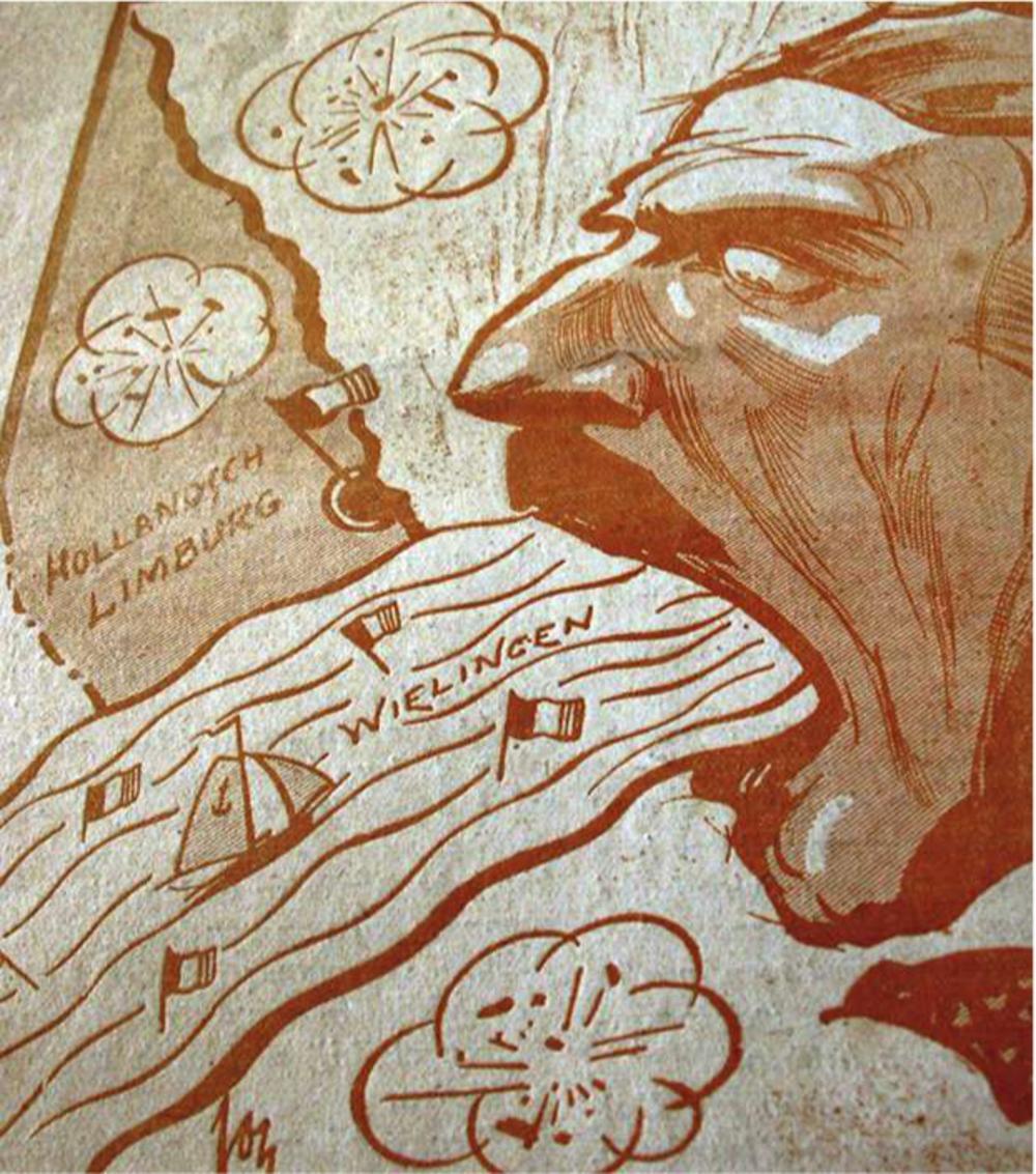 Tijdens de vredesbesprekingen in Versailles in 1919 legt België ook territoriale eisen op tafel, vooral ten nadele van het neutrale Nederland. Het gaat om Nederlands-Limburg en Zeeuws-Vlaanderen. Karikatuur in 'Pallieter', april 1923.