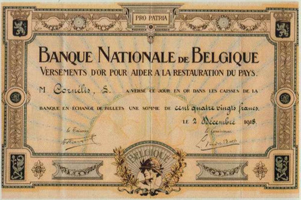 Certificaat voor Belgen die goud storten op de Nationale Bank en zo meehelpen aan het herstel van het land na de Eerste Wereldoorlog.