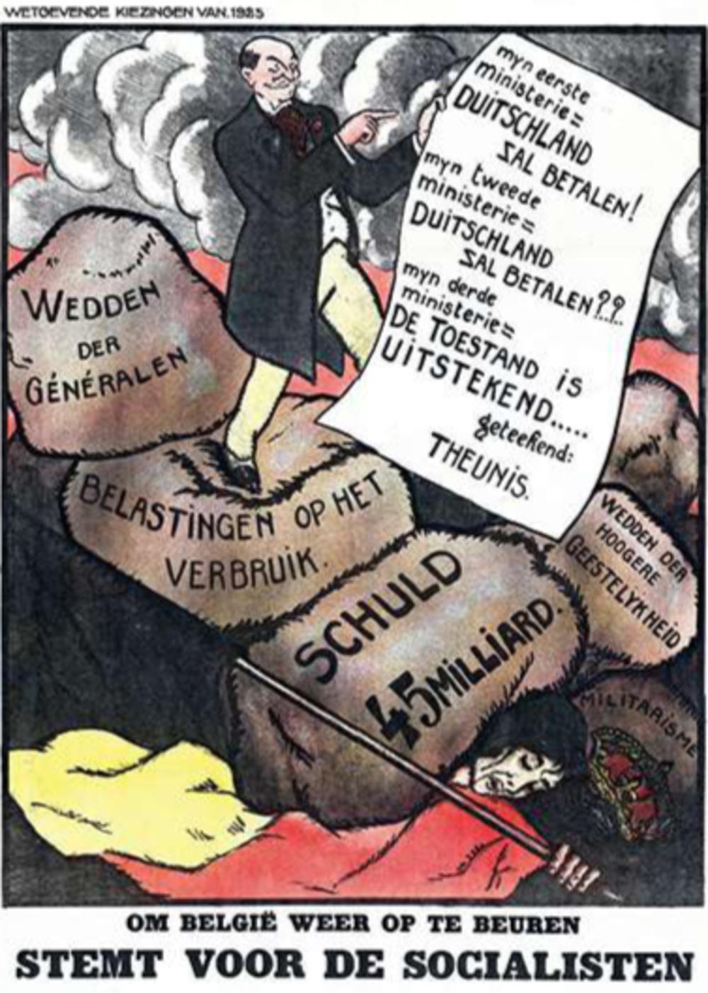 In deze karikatuur wijzen de socialisten erop dat de regering veel te veel illusies koestert als het gaat over de Duitse herstelbetalingen. Eind 1922 heeft België nog maar 4,5 miljard van de beloofde 31,6 miljard frank ontvangen.