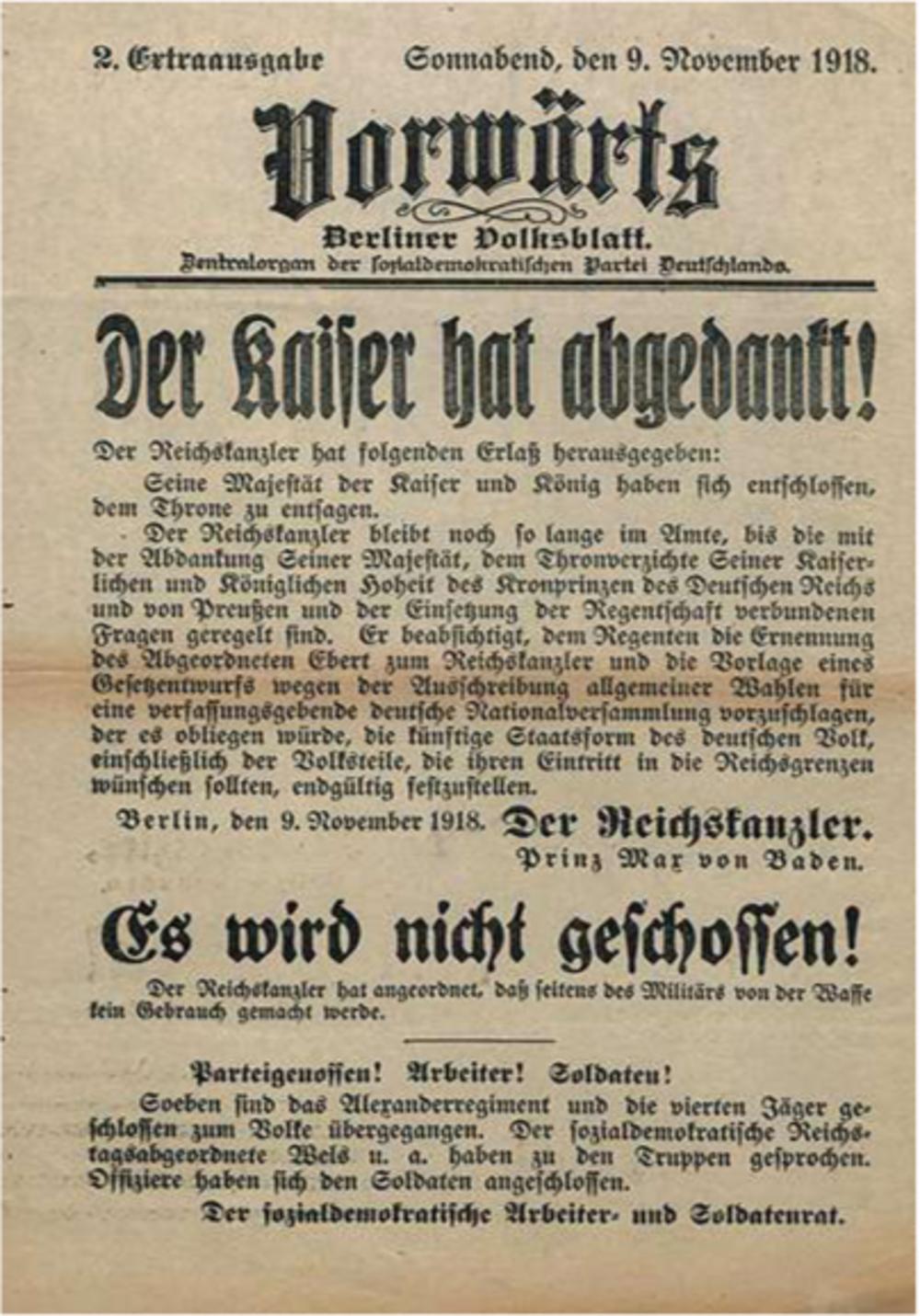 Zonder overleg en in volle revolutie kondigt rijkskanselier Baden de troonsafstand van Wilhelm II aan.
