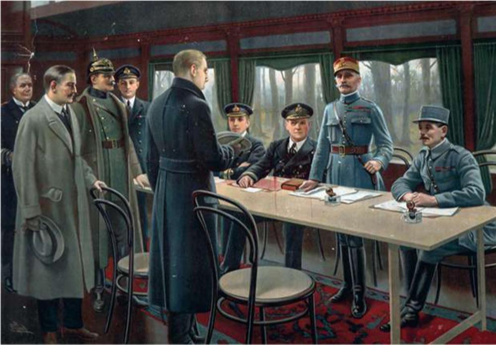 De Duitse delegatie staat klaar om de onvoorwaardelijke Duitse capitulatie te ondertekenen. De gebeurtenis vindt plaats in de vroege ochtenduren van 11 november 1918 in een treinwagon in het bos van Compiègne.