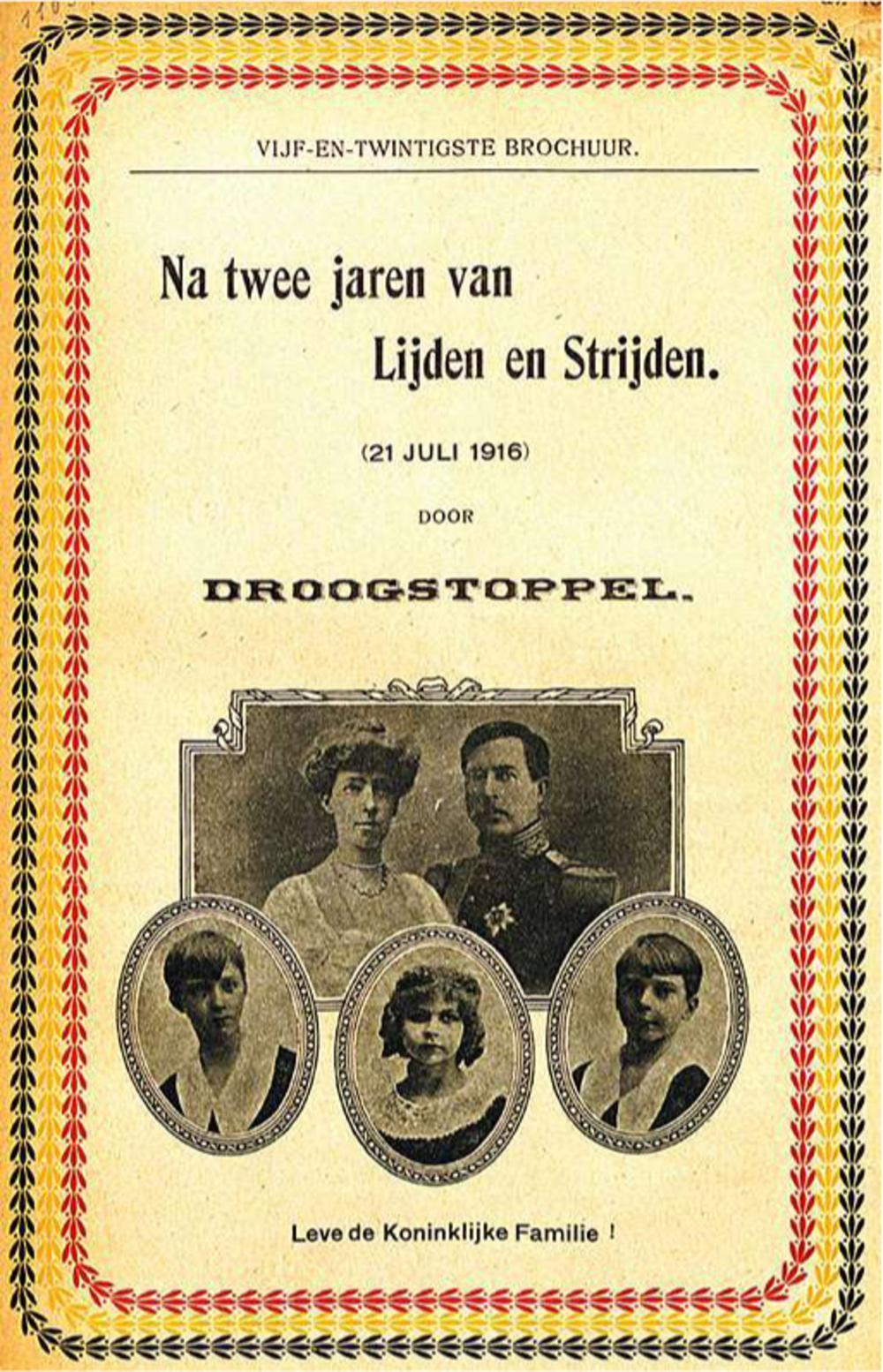 Brochure van Droogstoppel, pseudoniem van de Antwerpse sluikschrijver Jozef Buerbaum, die voor zijn pro-Belgische, anti-Duitse en anti-activistische schrijfsels tot 22 jaar werd veroordeeld en gedeporteerd werd naar Duitsland.