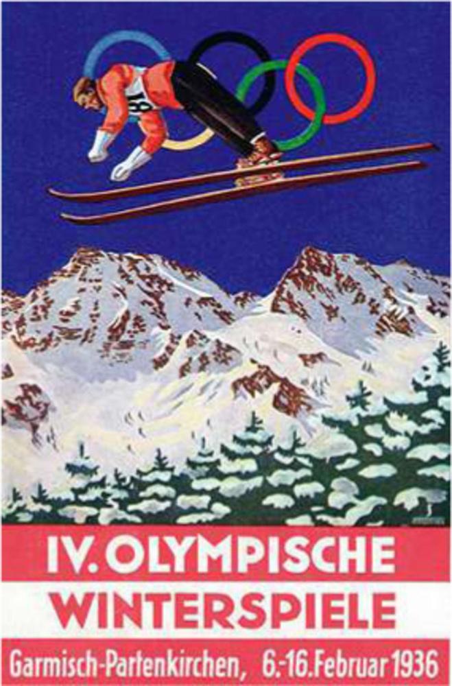 Een kleurrijke prentbriefkaart kondigde de Olympische Winterspelen in het Duitse Garmisch-Partenkirchen in 1936 aan. Voor het eerst stond het alpineskiën op het programma.