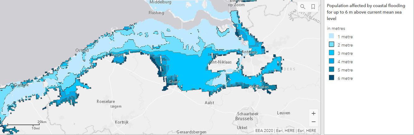 Laaggelegen regio's aan de kust die het risico op overstroming lopen. 