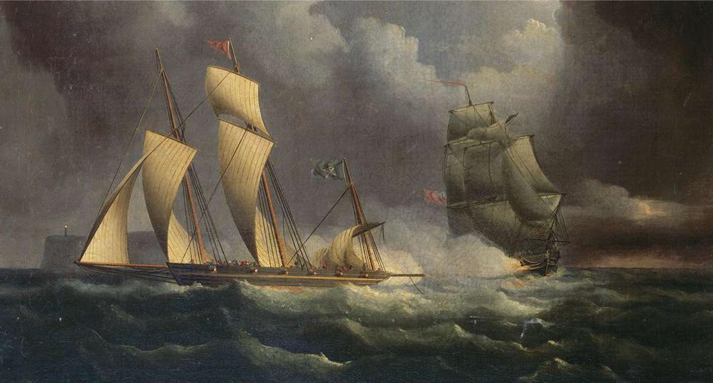 Een schip van de Britse marine zit bij nacht een piraat achterna. Tegen superieure vuurkracht hielp meestal alleen de vlucht.