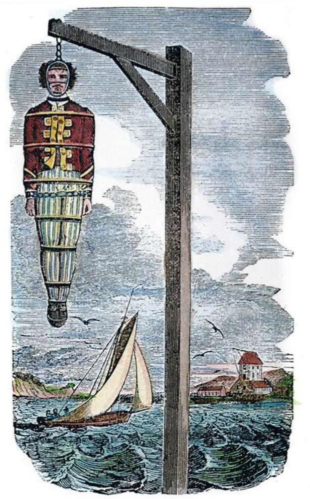 Afschrikwekkend exempel: het lijk van de terechtgestelde kapitein Kidd in een ijzeren raamwerk aan de monding van de Theems.