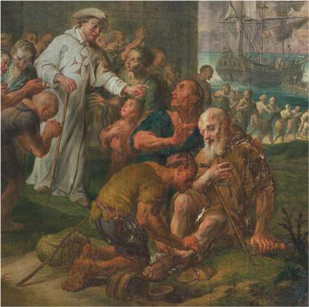 Trinitariër met vrijgekochte slaven. Schilderij uit 1777 door Jan-Antoon Garemijn in de Sint-Gilliskerk in Brugge.