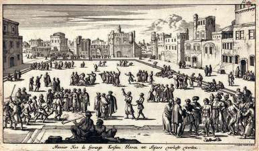 Van links naar rechts: De slavenmarkt in Algiers, bestraffing van christenslaven en processie van vrijgekochte slaven. Drie gravures door Jan Luyken uit Historie van Barbarijen, en des zelfs Zee-Roovers. Behelzende een beschrijving van de Koningrijken en Steden Algiers, Tunis, Salé, en Tripoli (Amsterdam, 1684), vertaling van Histoire de Barbarie et de ses corsaires (Paris, 1637) door Pierre Dan, overste van het Trinitariërsklooster in Fontainebleau.