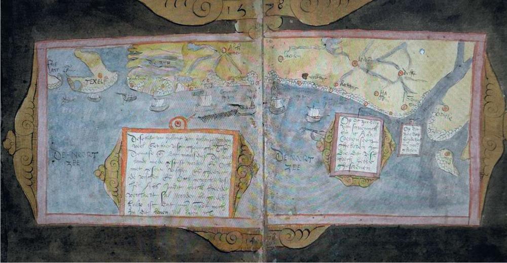 Links en boven: Een tijdgenoot tekent de kaart. Kaart van de Noordzeekust en de zeegaten omstreeks 1578. Uit: Het Visboek van Adriaen Coenen. (Konink. Bibl. Den Haag)