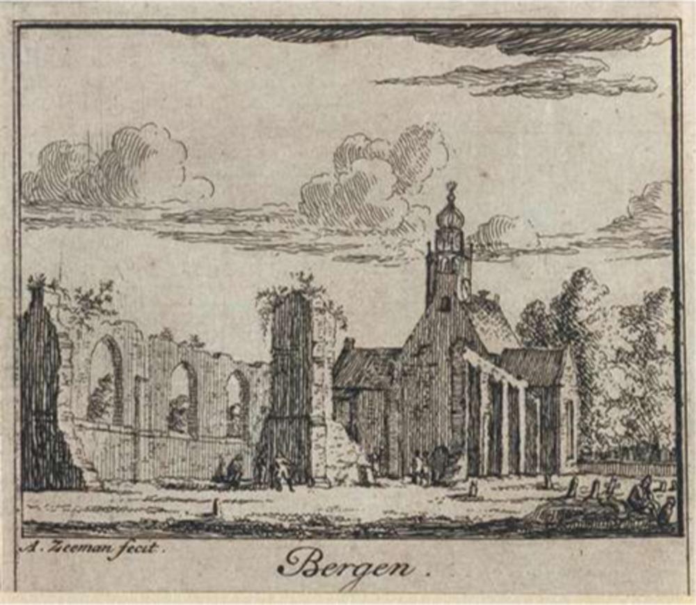 Afbeelding (1575) van het dorp Bergen na een geuzenraid. (Rijksarchief Noord-Holland)