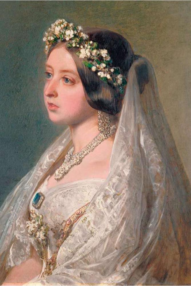 De gewoonte op de bruiloftsdag een bloemenkrans te dragen is veel ouder dan het bruidsboeket. Koningin Victoria en de krans die zij droeg bij haar huwelijk met de Duitse vorst Albert van Saksen-Coburg, 1840.