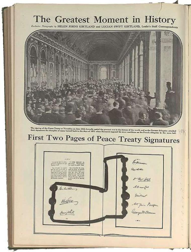 Boven van links naar rechts: De ondertekening van het verdrag in de Spiegelzaal van Versailles, 28 juni 1919. (National Archives US)
