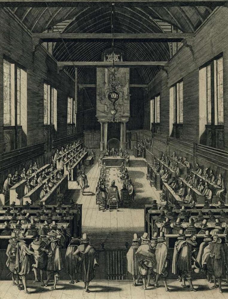 De opening van de Nationale Synode op 13 november 1618. Prent van François Schillemans. (Rijksmuseum Amsterdam)