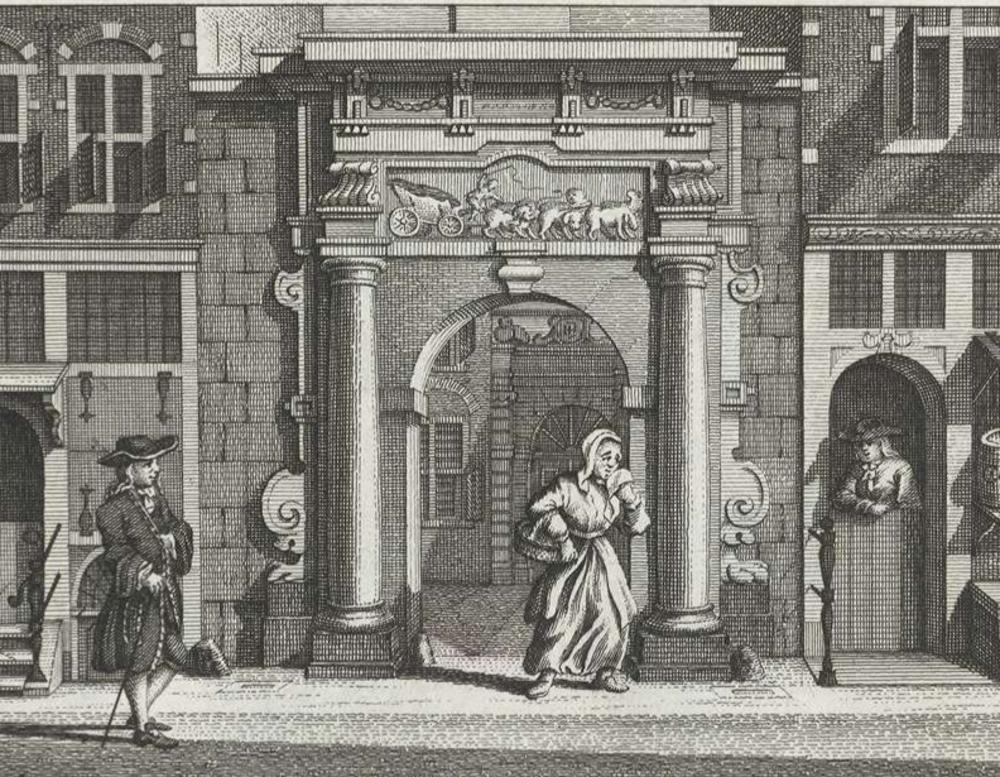 Dominee Sapma ontsnapt in vrouwenkleren uit het Rasphuis in Amsterdam. Prent van Herman Schouten uit 1782. (Stadsarchief Amsterdam)