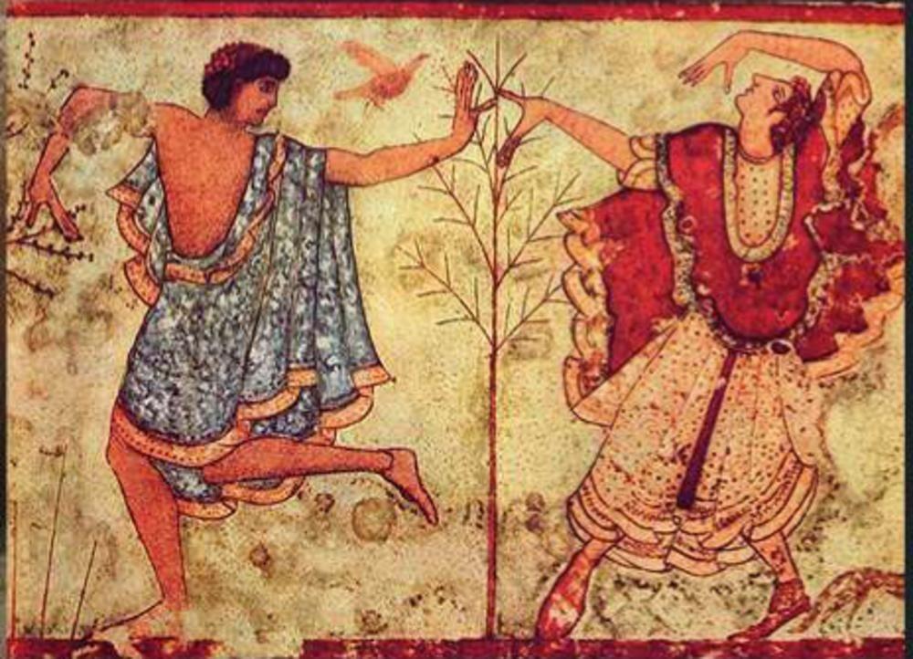 Twee dansers, detail van het fresco in de grafkamer van het Triclinium in de necropolis van Monterozzi, ca. 470 v.Chr.