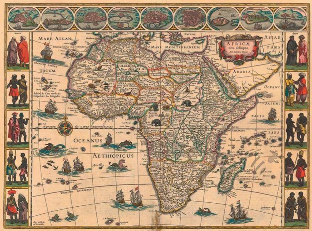 Afrika door Willem Blaeu, kaart uit 1644. De nog onbekende gebieden werden gevuld met tekeningen van wilde dieren, zoals olifanten.