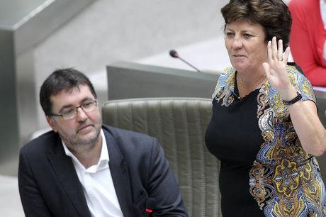 Wouter Van Besien (Groen) en Ingrid Lieten (SP.A) in het Vlaams parlement
