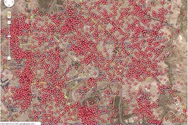 Deze kaart laat alle plaatsen in Bagdad zien waar sinds 2003 een aanslag met een autobom werd gepleegd.
