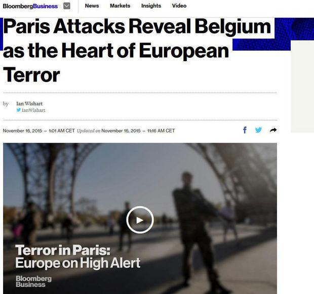 Bij Bloomberg klinkt het volgende: 'De aanvallen in Parijs onthullen België als het hart van de Europese terreur'