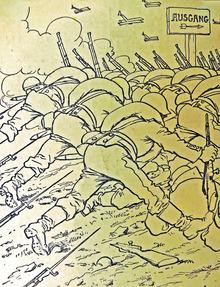 Karikatuur over de Alberich-terugtocht. In drie weken tijd geeft het Duitse leger een gebied van meer dan duizend vierkante kilometer vrij. Een ongeziene operatie.