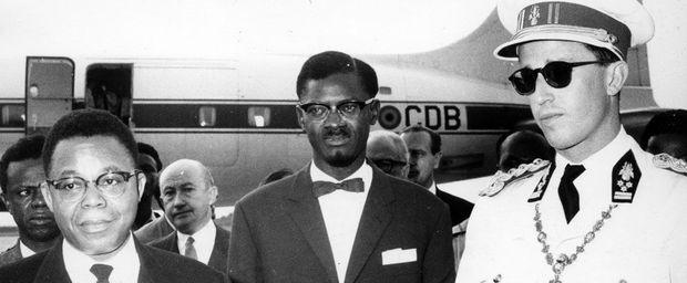 Congolees premier Patrice Lumumba (m) en koning Boudewijn, op 29/09/1960, daags voor de speech.