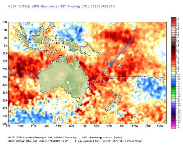 Zeewatertemperatuur rond Vanuatu