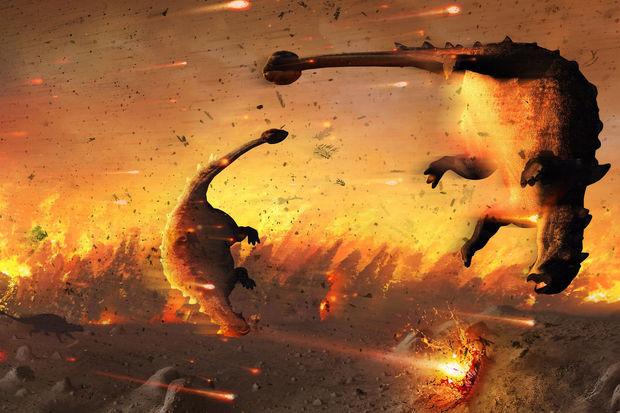 Een illustratie van dinosaurussen die geraakt worden door een planetoïde-impact. De dinosaurussen werden zo'n 66 miljoen jaar geleden definitief uitgeroeid door een botsing tussen de Aarde en een grote planetoïde of komeet. 