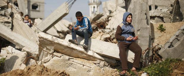 23 januari: de restanten van een huis dat vorige zomer werd vernietigd in Gaza. 'Nauwelijks sprake van begin van heropbouw.'