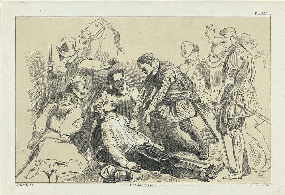 Graaf Adolf sterft bij Heiligerlee. Litho naar Charles Rochussen. (Rijksmuseum)