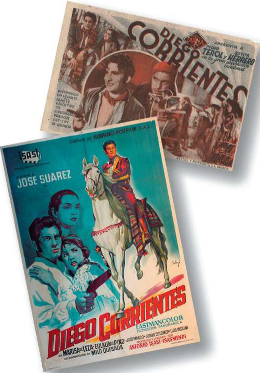 Dichters, theatermakers, schrijvers en zangers maakten van Diego Corrientes een figuur die steeds verder van de historische realiteit kwam te staan. Boven een foldertje dat in 1937 een film aankondigt met in de hoofdrollen Pedro Terol en Goyita Herrero. Daaronder een filmposter uit 1959, met hoofdrolspeler José Suárez.