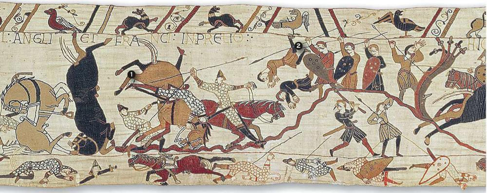 In het heetst van de strijd: een charge van de Normandische ridders (1) loopt stuk op de schildenmuur van de huscarls (2).