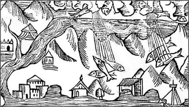 Een gravure uit 1555 waarop vallende vissen te zien zijn.