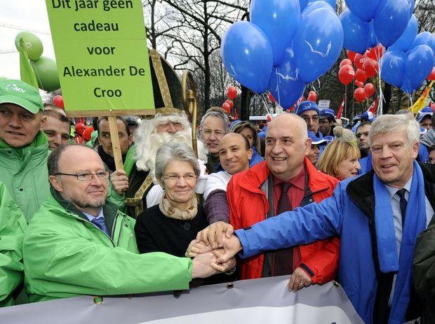 Luc Cortebeeck (toenmalig voorzitter van ACV), Rudy De Leeuw (ABVV) en Jan Vercamst (ACLVB) op de betogingen in 2011.