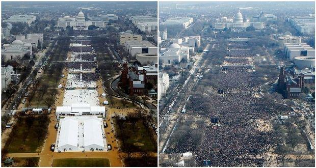 Deze foto's werden met 8 jaar verschil rond hetzelfde uur genomen tijdens de eedafleggingen van Donald Trump (links) en Barack Obama