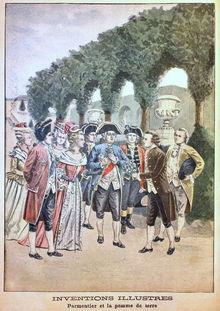 Parmentier biedt koning Lodewijk XVI de bloemetjes van de aardappelplant aan. 