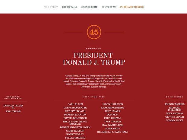 Screenshot van wat er oorspronkelijk op de website stond: Donald Trump Jr. en Eric Trump nodigen uit...