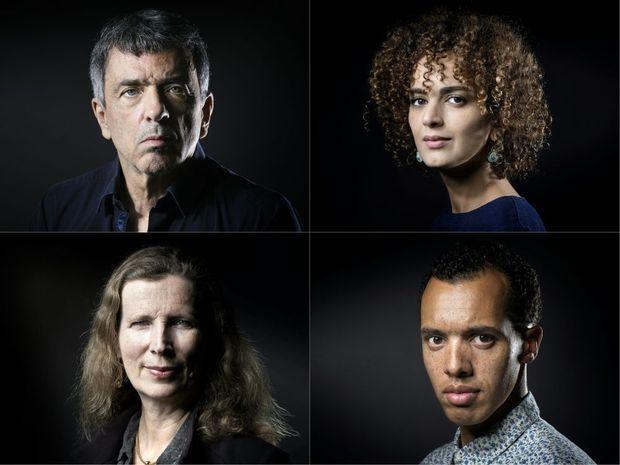 De vier genomineerde schrijvers vanaf linksboven: Regis Jauffret, Leila Slimani, Catherine Cusset en Gael Faye.