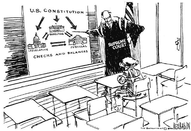 De opstellers van de Amerikaanse grondwet hebben voor de federale overheid een systeem van bedachten. De uitvoerende (president), de wetgevende (Congres) en de gerechtelijke macht (Hooggerechtshof of Supreme Court) houden elkaar in evenwicht.