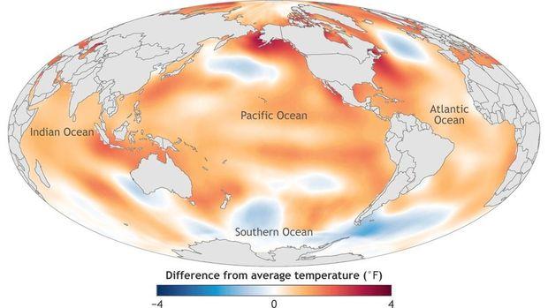 Temperatuurwijziging van de oceanen in Fahrenheit