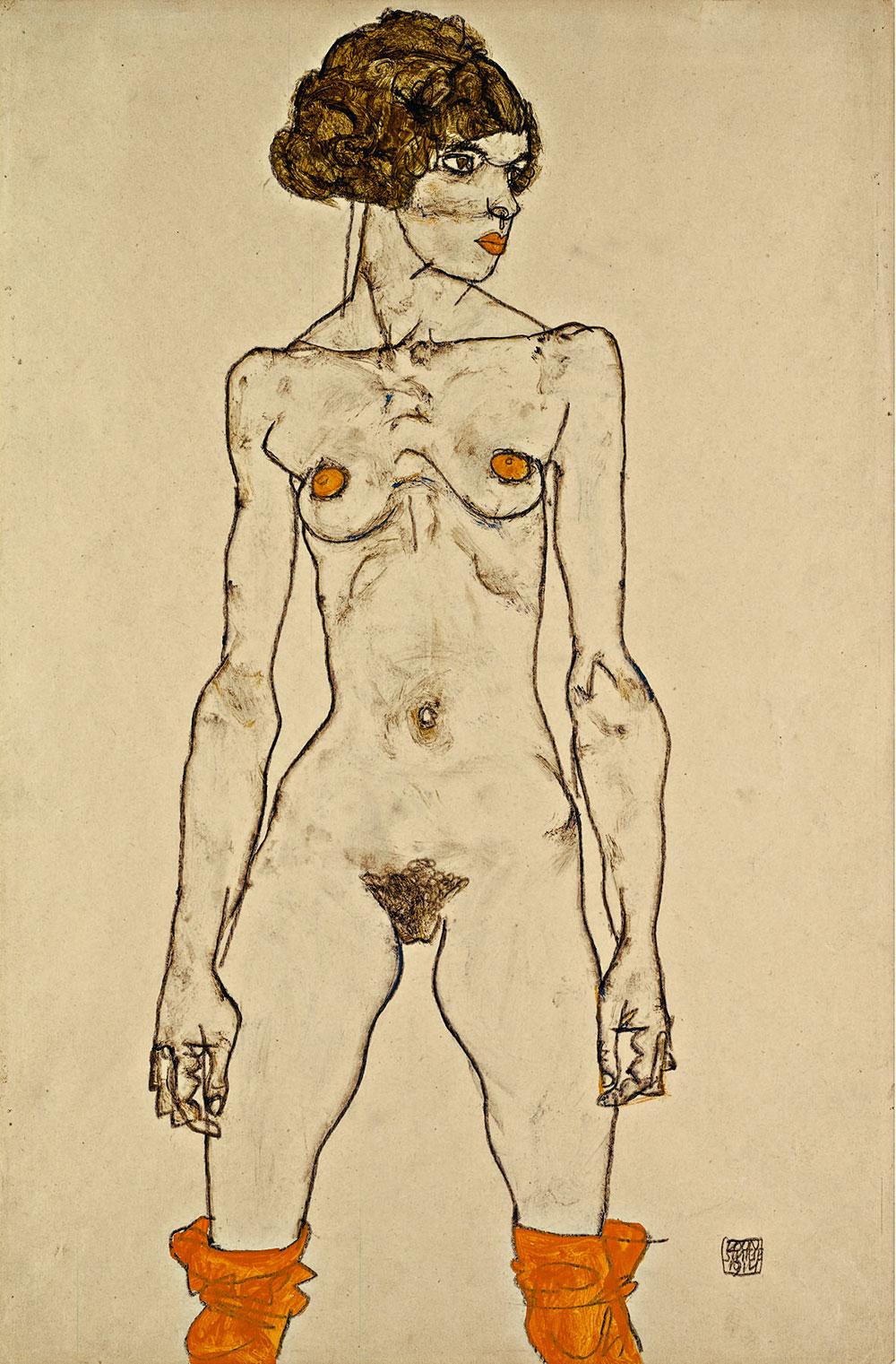 Egon Schiele. Stehendes nacktes Mädchen mit orangefarbenen Strümpfen Schwarze Kreide, 1914.