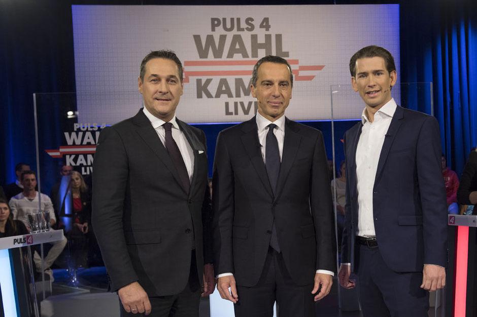 Heinz-Christian Strache (FPÖ), Christian Kern (SPÖ) en Sebastian Kurz (ÖVP)