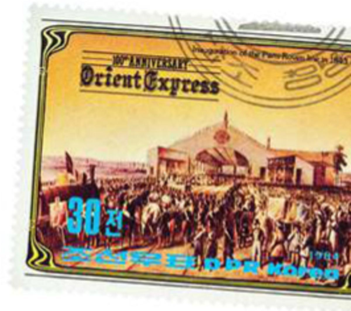 En 1984, la Corée du Nord a émis un timbre pour célébrer le 100e anniversaire de l'Orient-Express. Ici, l'inauguration de la ligne de chemin de fer Paris-Roven en 1843.
