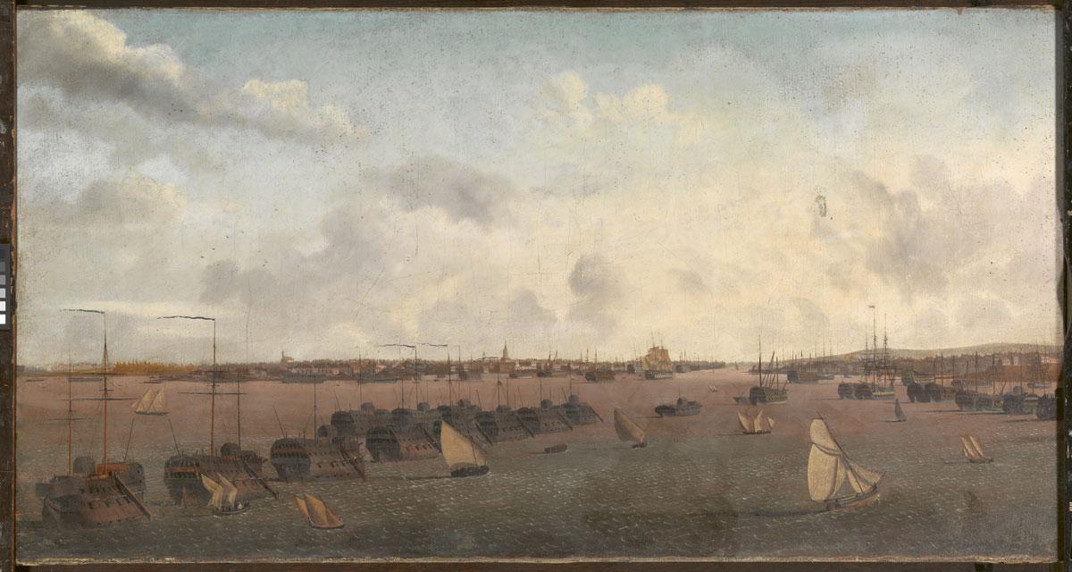 Les Pontons anglais devant Portsmouth par A.L. Garneray. Les corsaires capturés dans les années 1803-1814 sont entassés à 800 par prison flottante. La course ne s'en remettra pas.