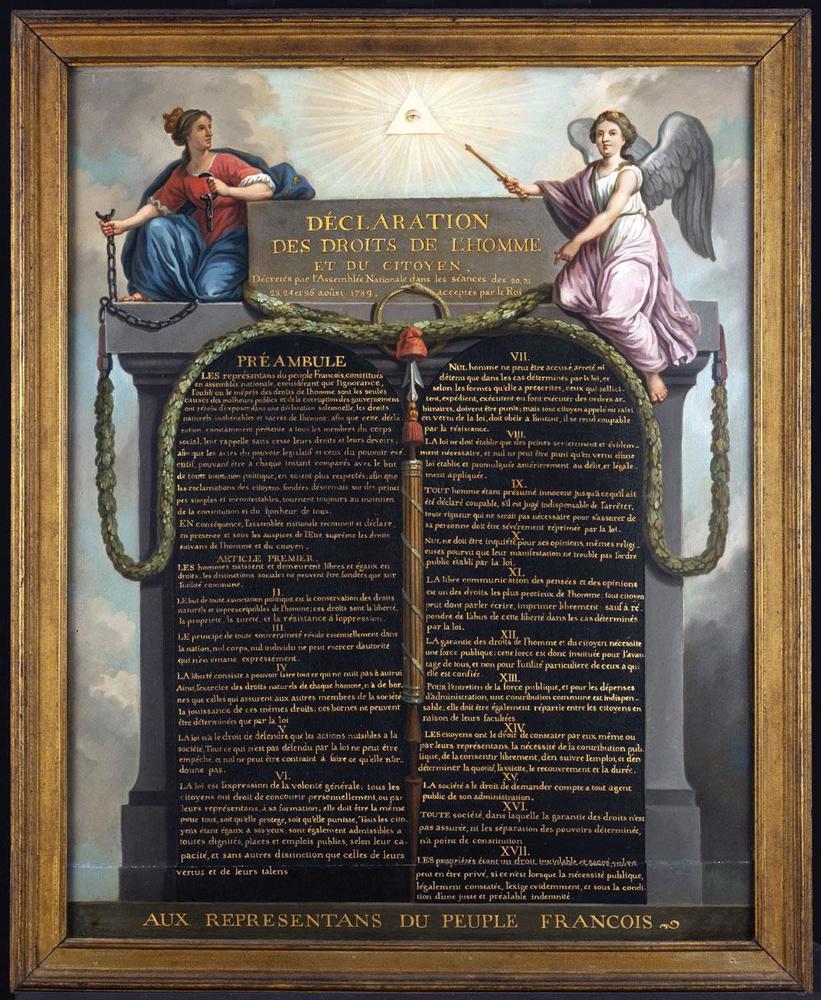 Déclaration des droits de l'homme et du citoyen, 26 août 1789. Les principes de la Révolution française se retrouvent énoncés, grâce à Napoléon, dans un corpus législatif universellement valable.