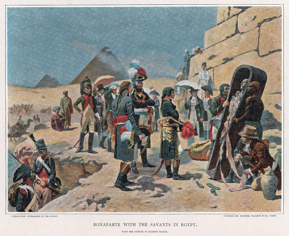 Bonaparte accompagné d'érudits en Egypte, Maurice D'Orange. Le journal La Décade a rendu compte des découvertes scientifiques et archéologiques des scientifiques qui l'accompagnaient.