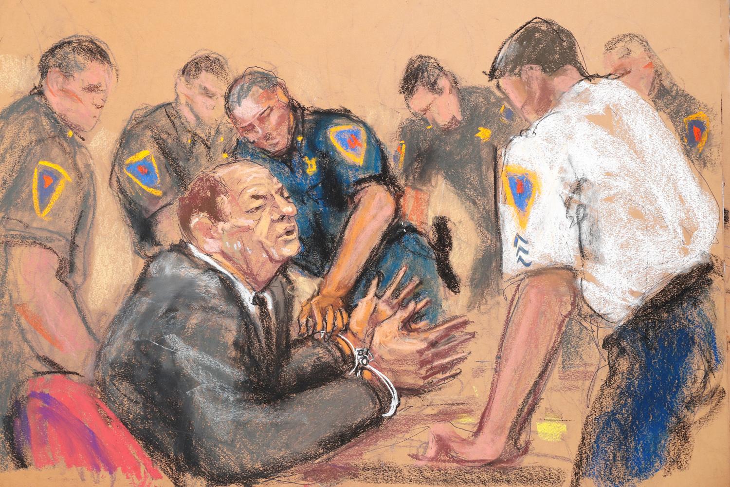 Harvey Weinstein, menottes aux mains après avoir été déclaré coupable.