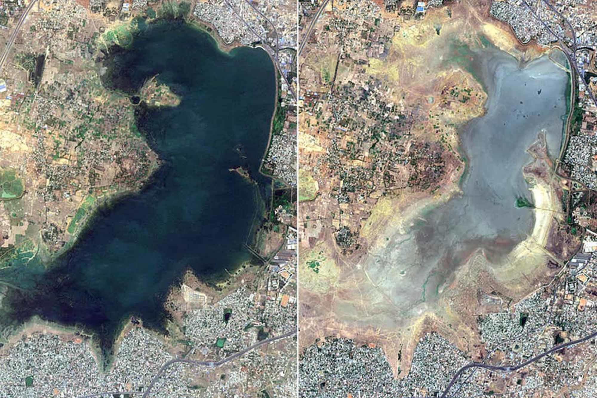 Image satellite. A gauche, le réservoir du lac Puzhal en juin 2018. A droite, un an plus tard.